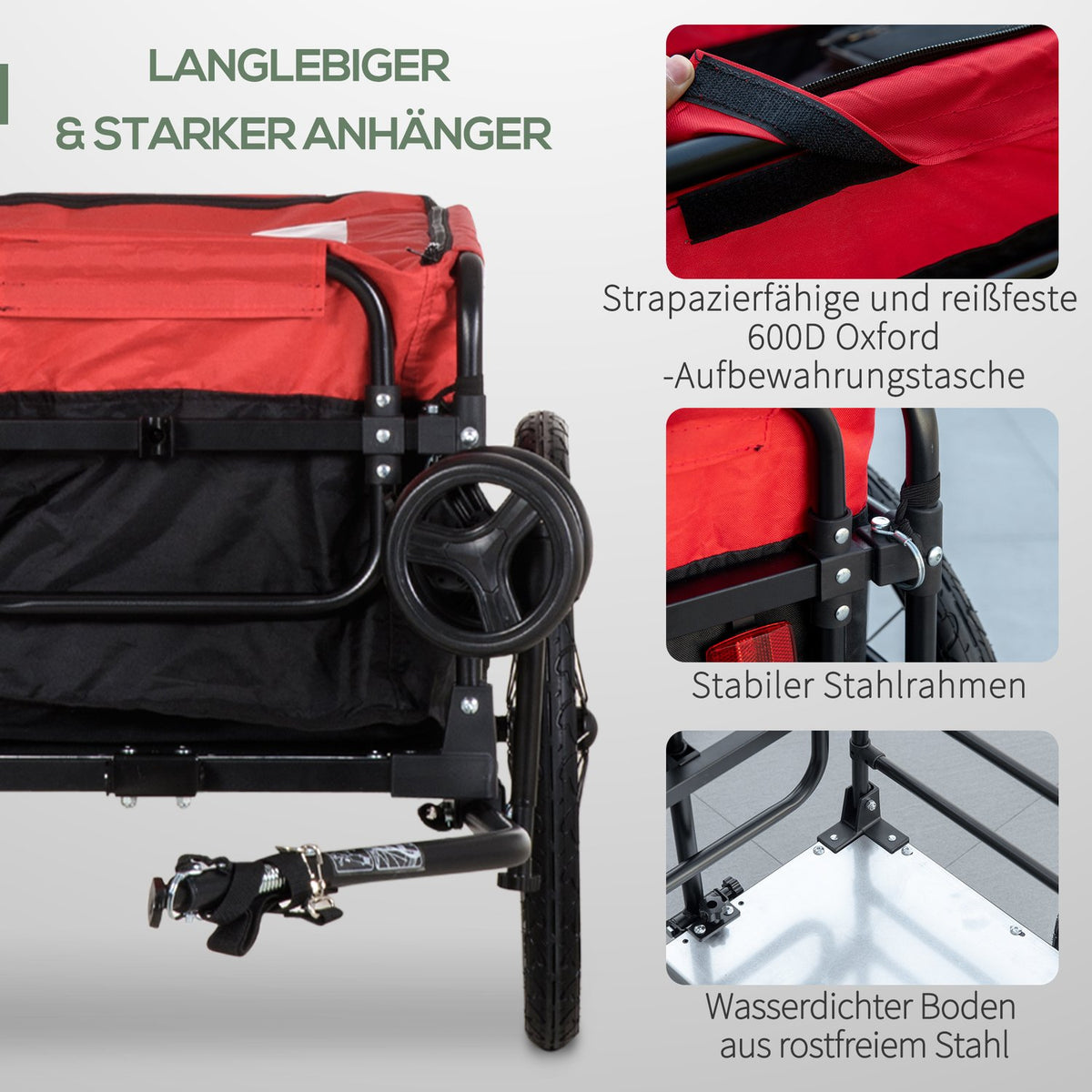 2-in-1 cargo trailer, load 40kg, with coupling, storage bag, cover, reflectors, Oxford, 130 x 64 x 103 cm, red