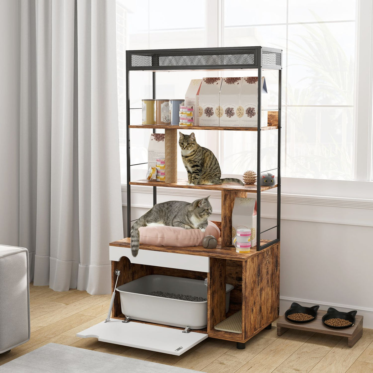 2-in-1 cat litter box cabinet, cat litter box with 3-tier shelf, scratching post, folding door, cat house for cats under 6 kg, 80 x 48 x 152 cm, rustic brown