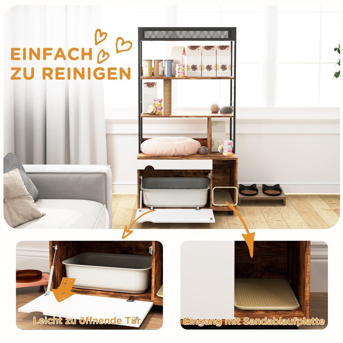 2-in-1 cat litter box cabinet, cat litter box with 3-tier shelf, scratching post, folding door, cat house for cats under 6 kg, 80 x 48 x 152 cm, rustic brown
