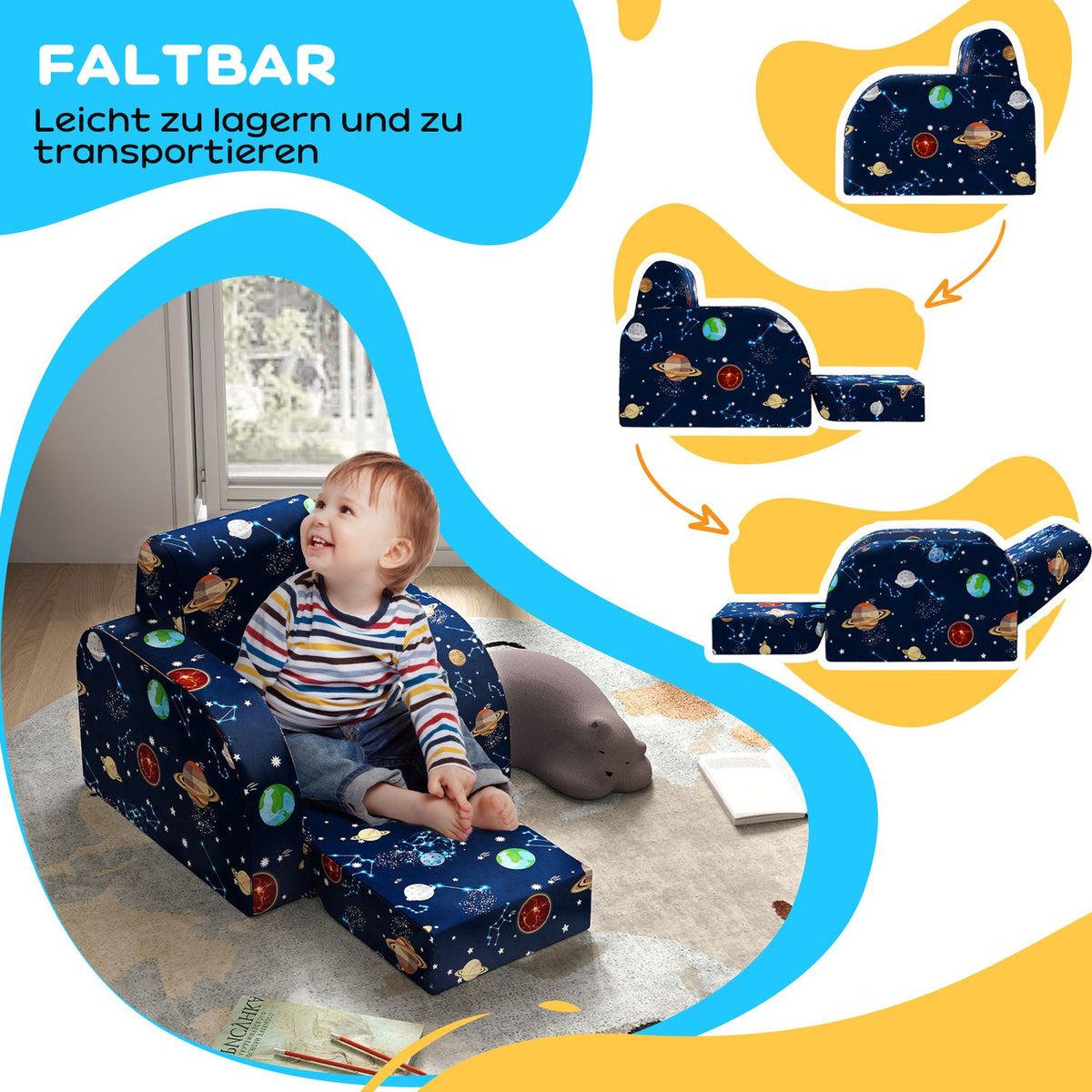 2 in 1 children's armchair, folding children's sofa with reclining function, planetary pattern, padded children's chair for 1.5-3 years, children's room