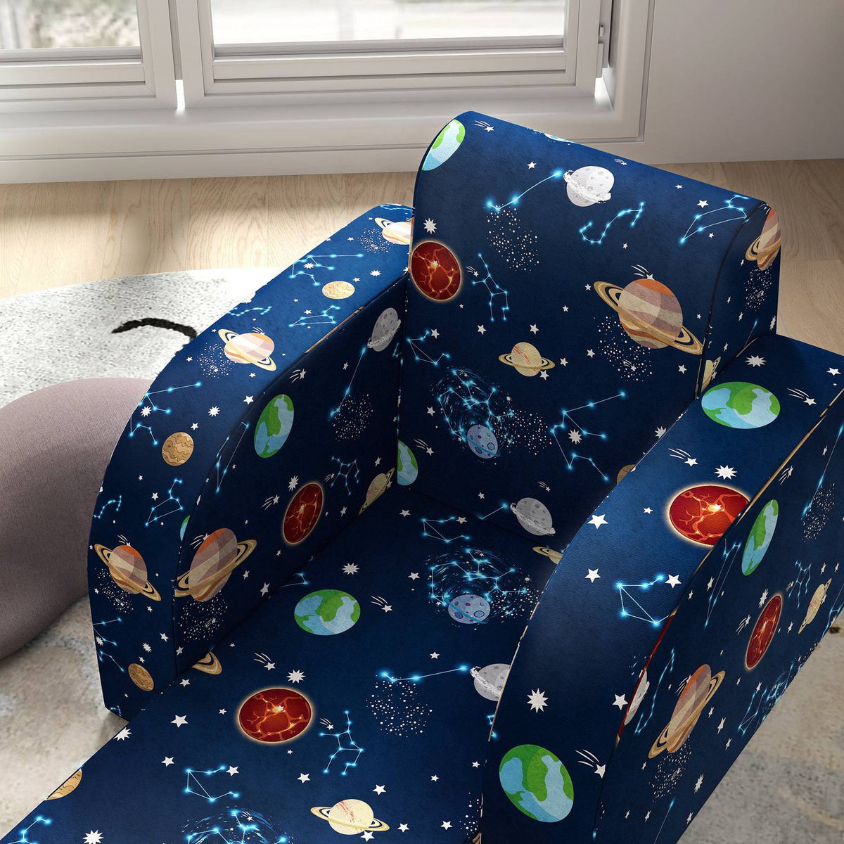 2 in 1 children's armchair, folding children's sofa with reclining function, planetary pattern, padded children's chair for 1.5-3 years, children's room