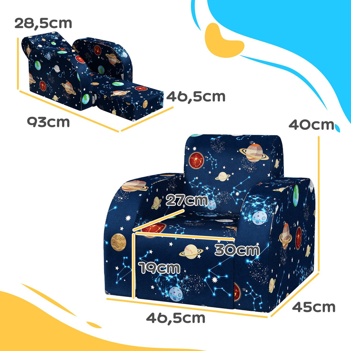 2 in 1 children's armchair, folding children's sofa with reclining function, planetary pattern, padded children's chair for 1.5-3 years, children's room
