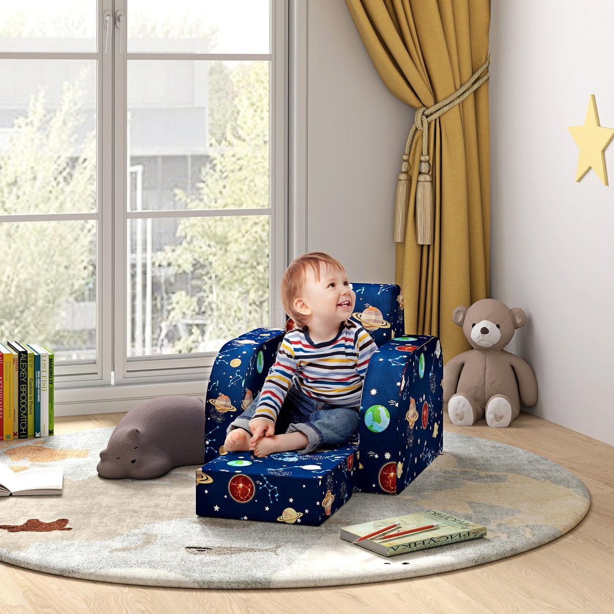 2 in 1 children's armchair, folding children's sofa with reclining function, planetary pattern, padded children's chair for 1.5-3 years, children's room