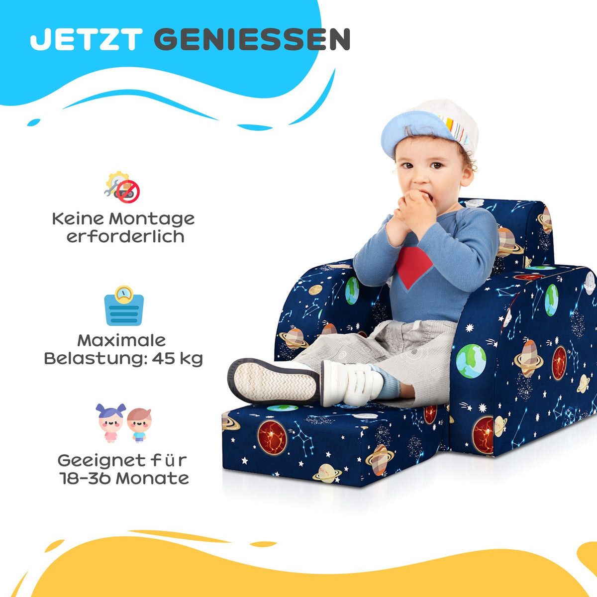 2 in 1 children's armchair, folding children's sofa with reclining function, planetary pattern, padded children's chair for 1.5-3 years, children's room