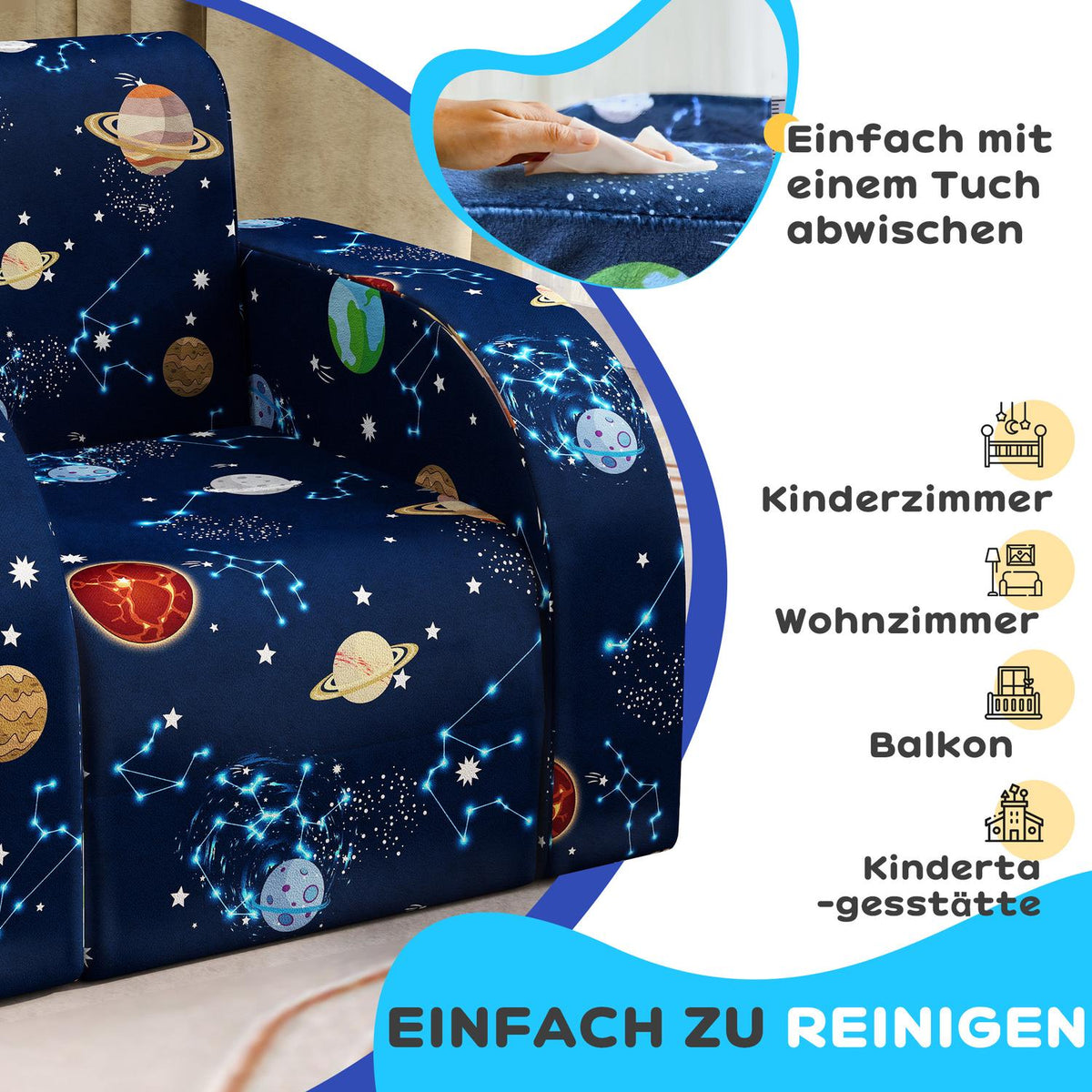 2 in 1 children's armchair, folding children's sofa with reclining function, planetary pattern, padded children's chair for 1.5-3 years, children's room