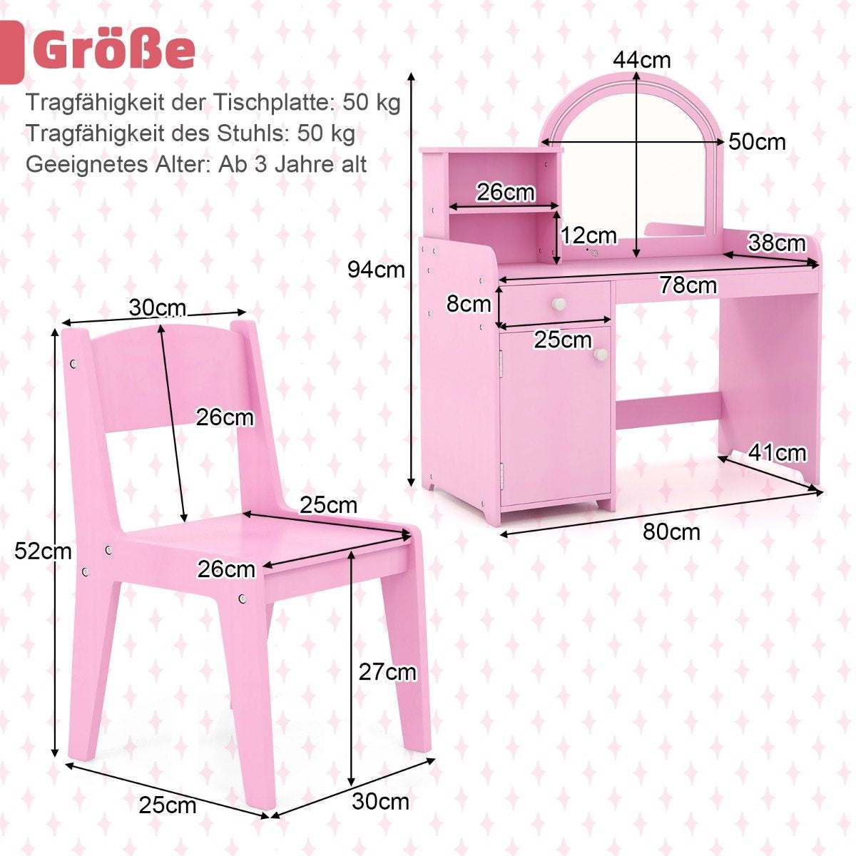 2 in 1 children's dressing table set with stool & LED lights & mirror & drawer cosmetic table pink