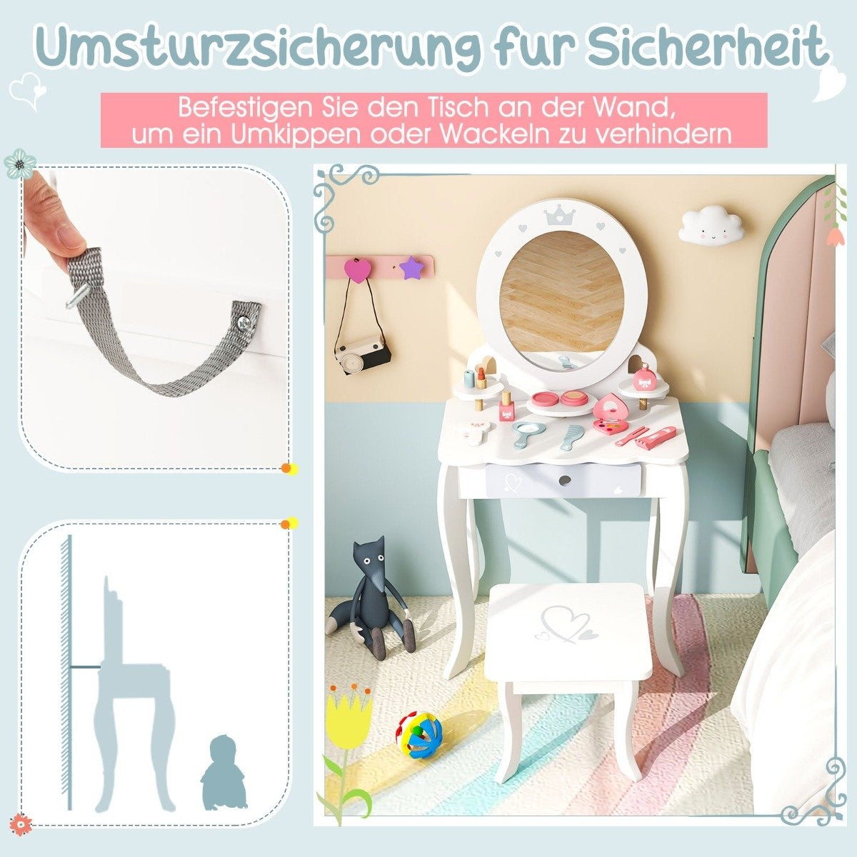 2 in 1 children's dressing table set with stool & removable mirror & drawers & accessories