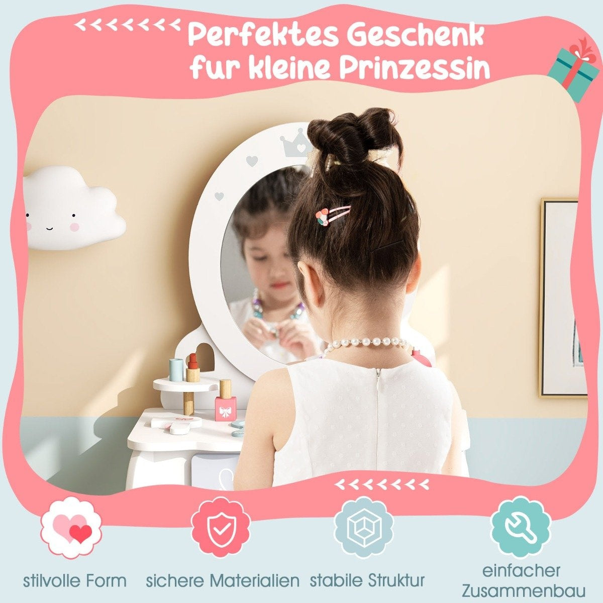 2 in 1 children's dressing table set with stool & removable mirror & drawers & accessories