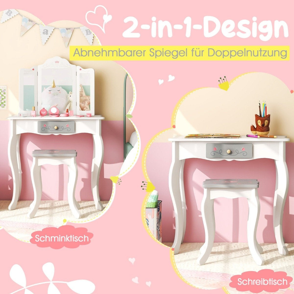 2 in 1 children's dressing table + stool with folding mirror & drawer & accessories
