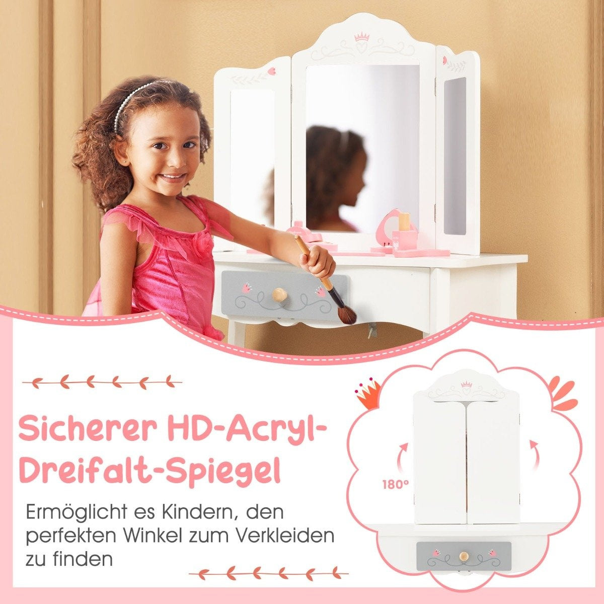2 in 1 children's dressing table + stool with folding mirror & drawer & accessories