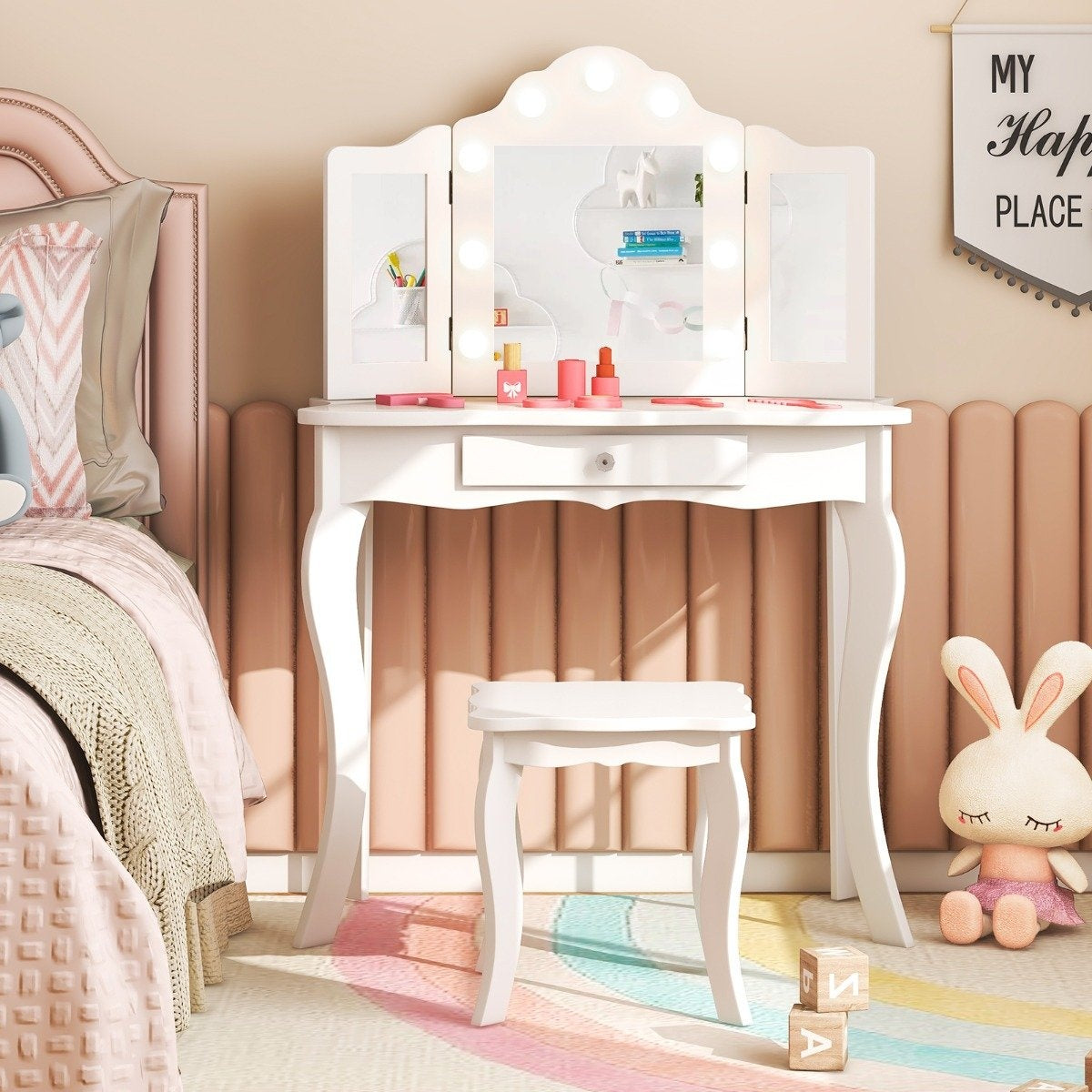 2 in 1 children's dressing table with LED lights & folding mirror & drawers white