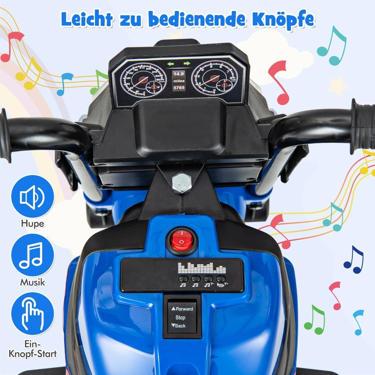 2-in-1 children's electric motorcycle with removable training wheels &amp; Headlights &amp; Music &amp; Horn blue 74 x 38 x 48 cm