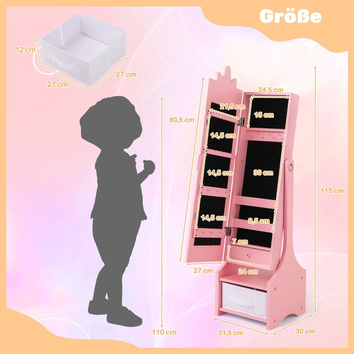 2 in 1 children's jewelry cabinet with full-length mirror &amp; Drawer mirror cabinet makeup mirror pink