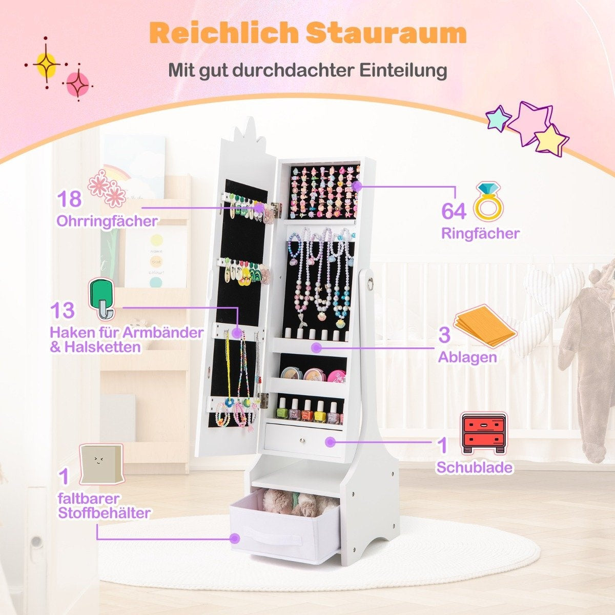 2 in 1 children's jewelry cabinet with full-length mirror &amp; Drawer mirror cabinet makeup mirror white