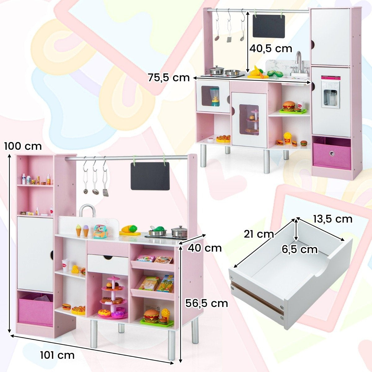 2 in 1 children's kitchen & shop with light & sound & 82 accessories & board & ice cream maker play kitchen
