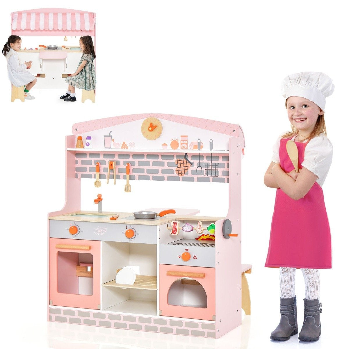2 in 1 children's kitchen with stove & oven & grill & adjustable canopy. Double-sided play kitchen