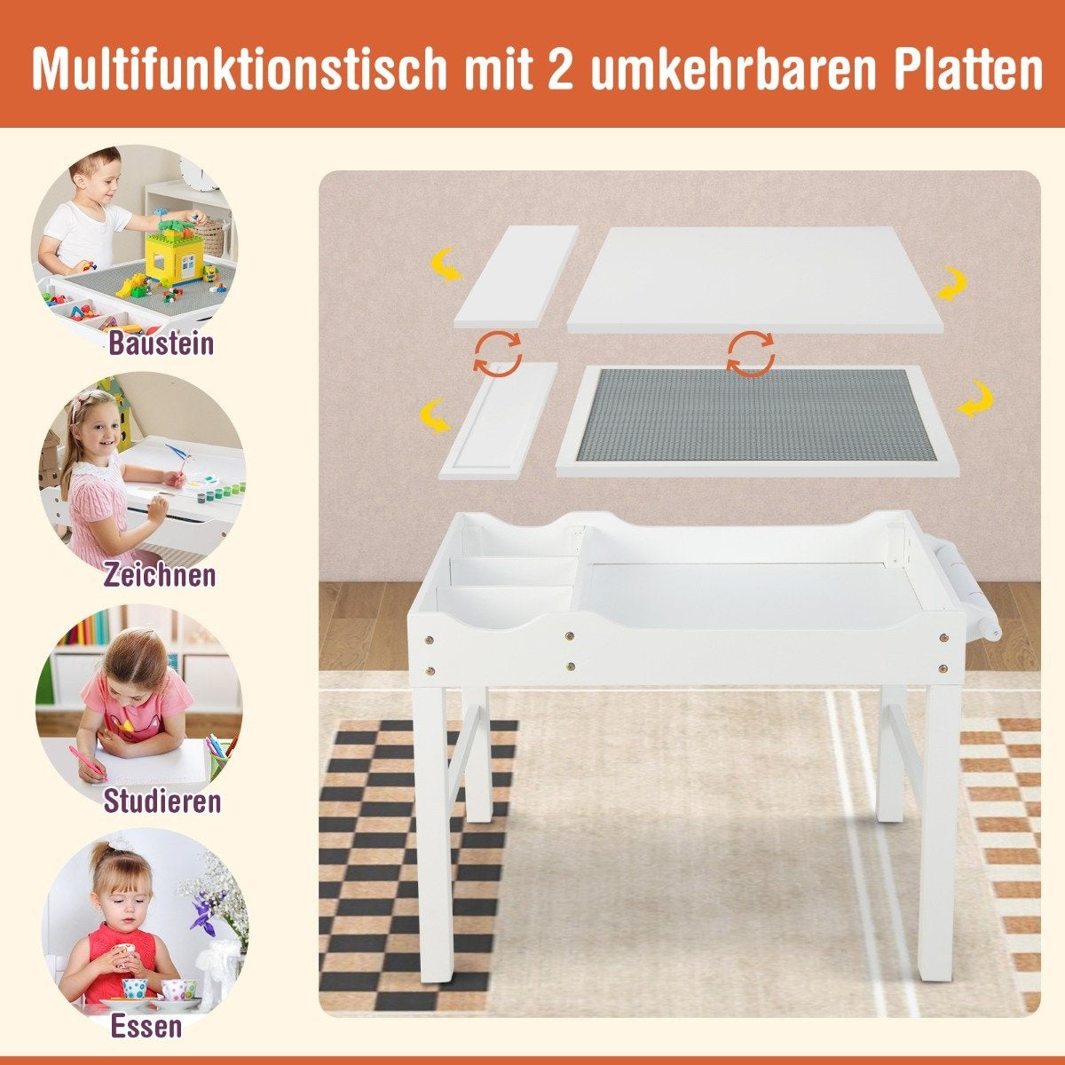 2 in 1 children's table made of pine wood with reversible table top & storage space & white paper roll