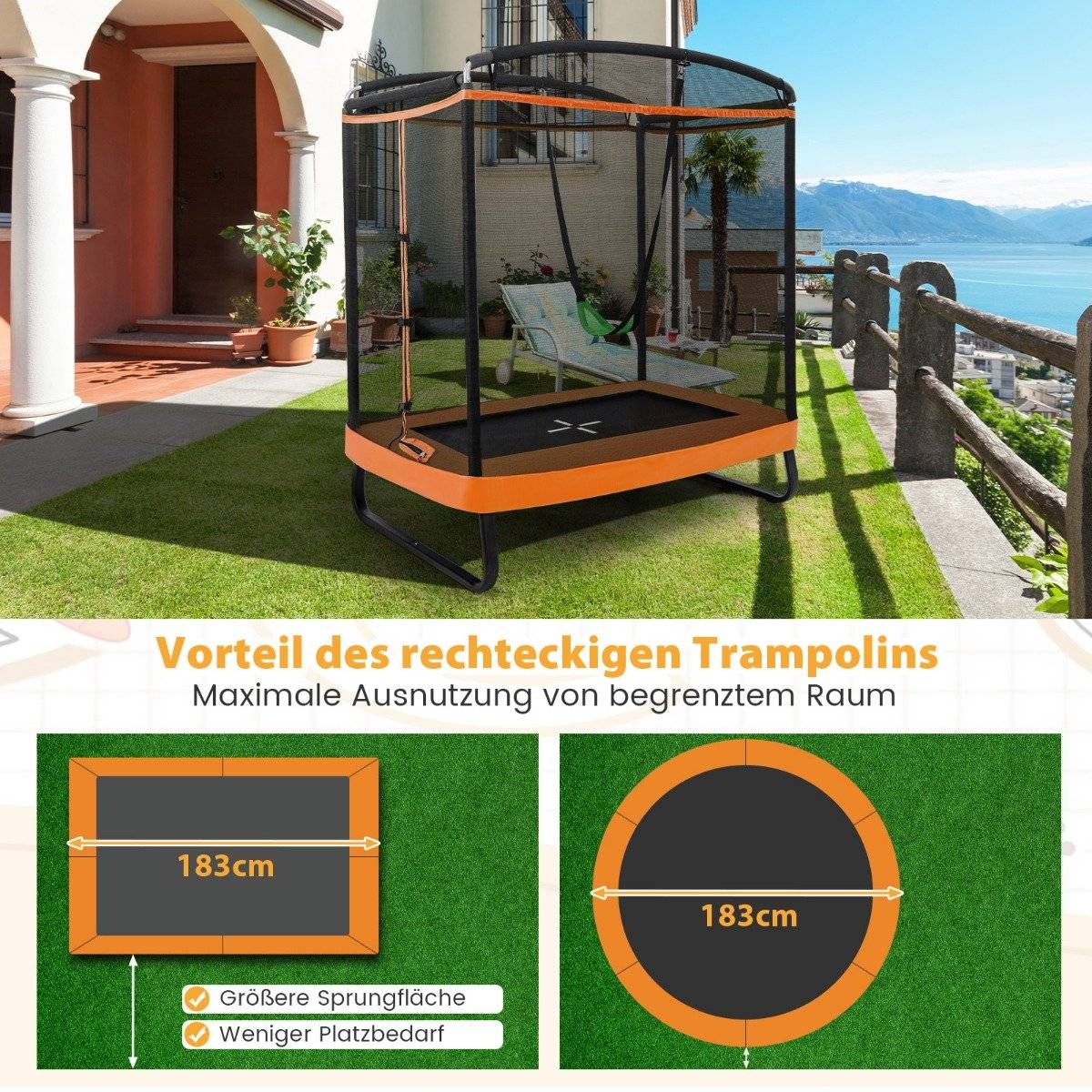 2 in 1 children's trampoline with swing & safety net & edge cover orange