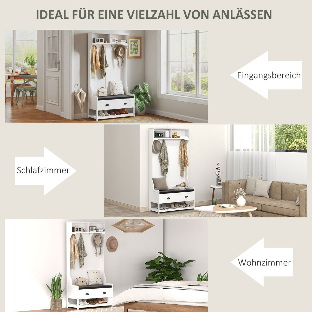 2-in-1 coat rack, clothes rack with 4 hooks, coat rack with shoe bench and shelves, jacket rack with tip protection, for entrance area, hallway, bedroom, white + gray