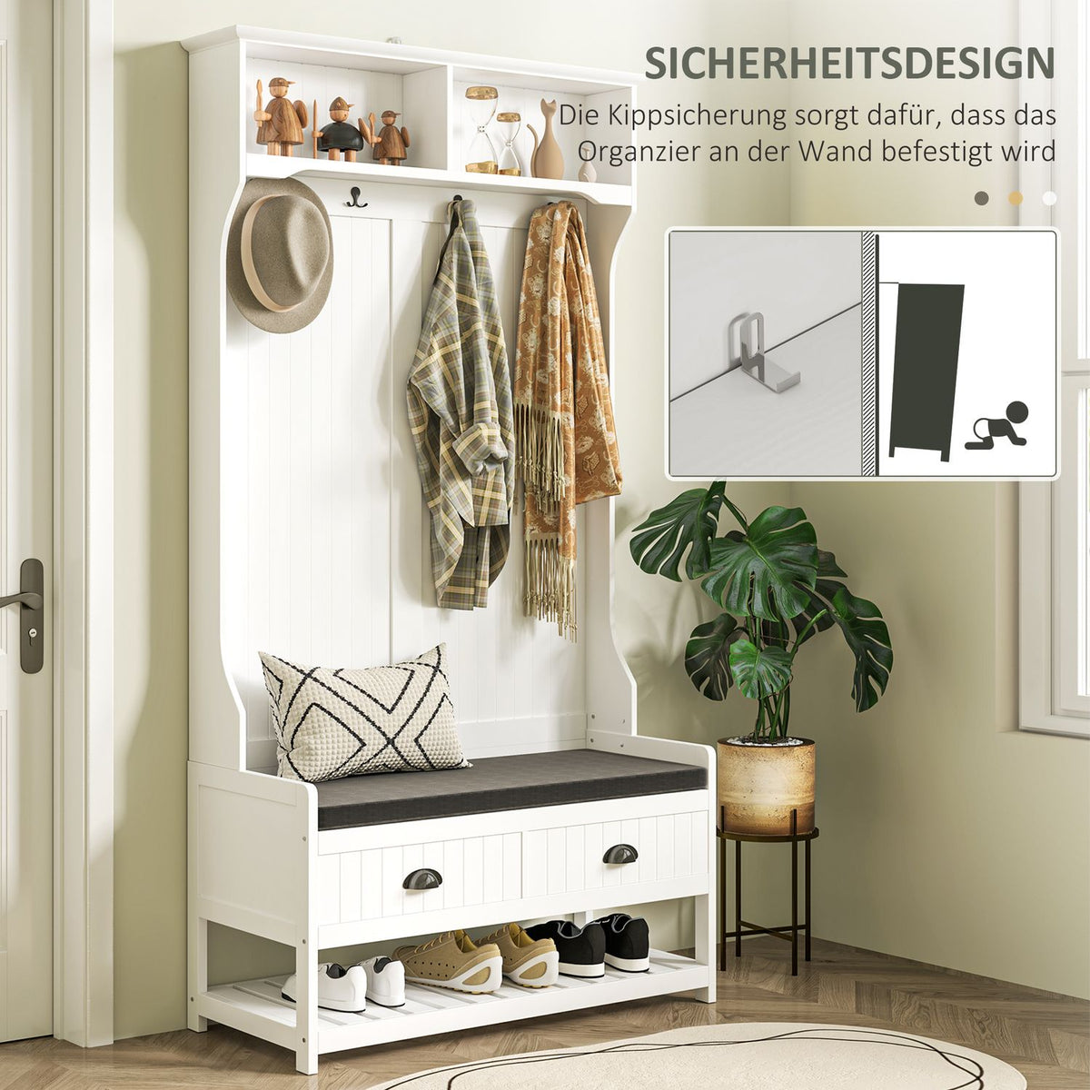 2-in-1 coat rack, clothes rack with 4 hooks, coat rack with shoe bench and shelves, jacket rack with tip protection, for entrance area, hallway, bedroom, white + gray