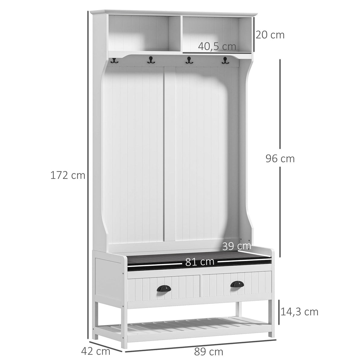 2-in-1 coat rack, clothes rack with 4 hooks, coat rack with shoe bench and shelves, jacket rack with tip protection, for entrance area, hallway, bedroom, white + gray