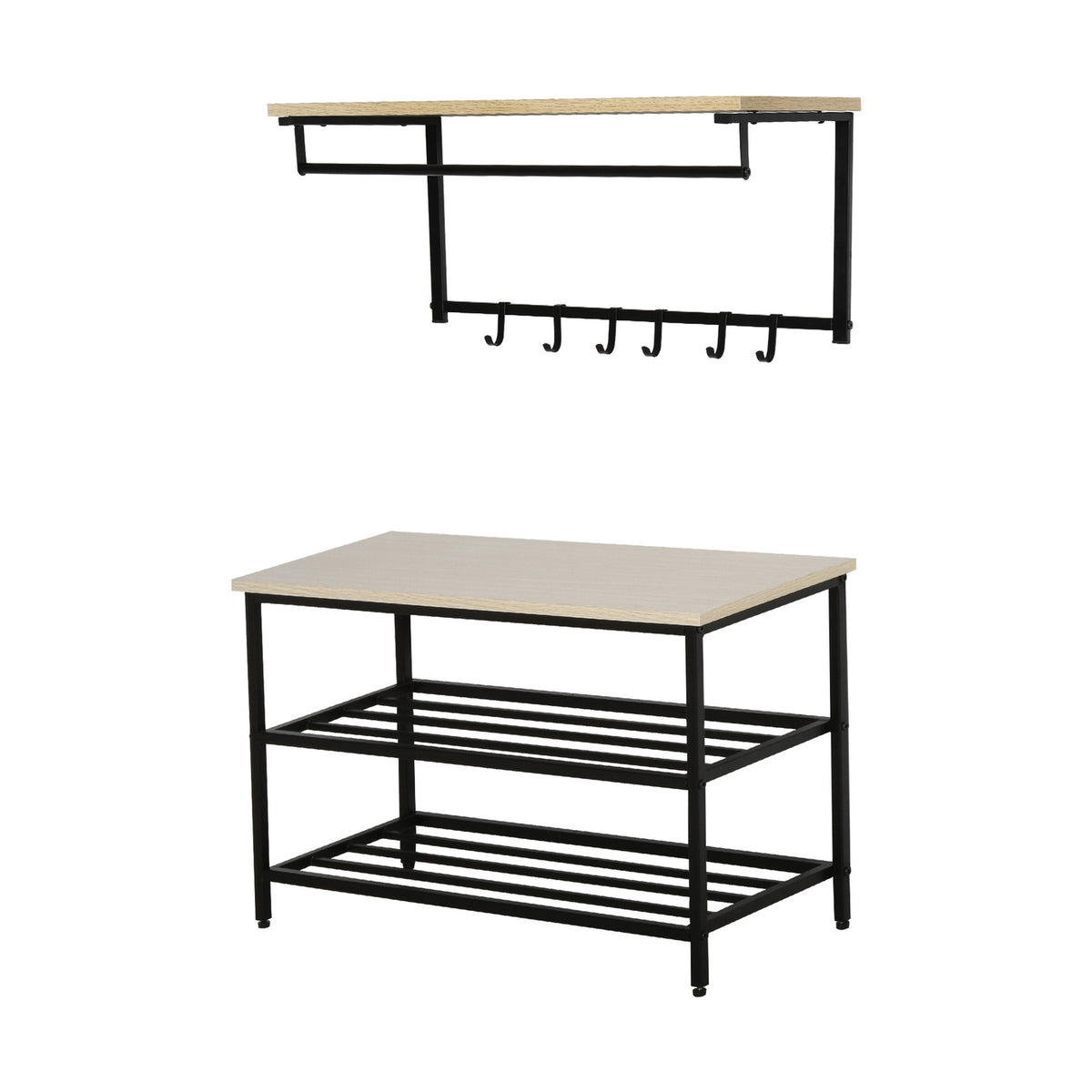 2-in-1 coat rack set, hallway coat rack with bench, wall coat rack for entrance area, 6 hooks, natural + black, 75 x 30 x 45 cm (bench seat)