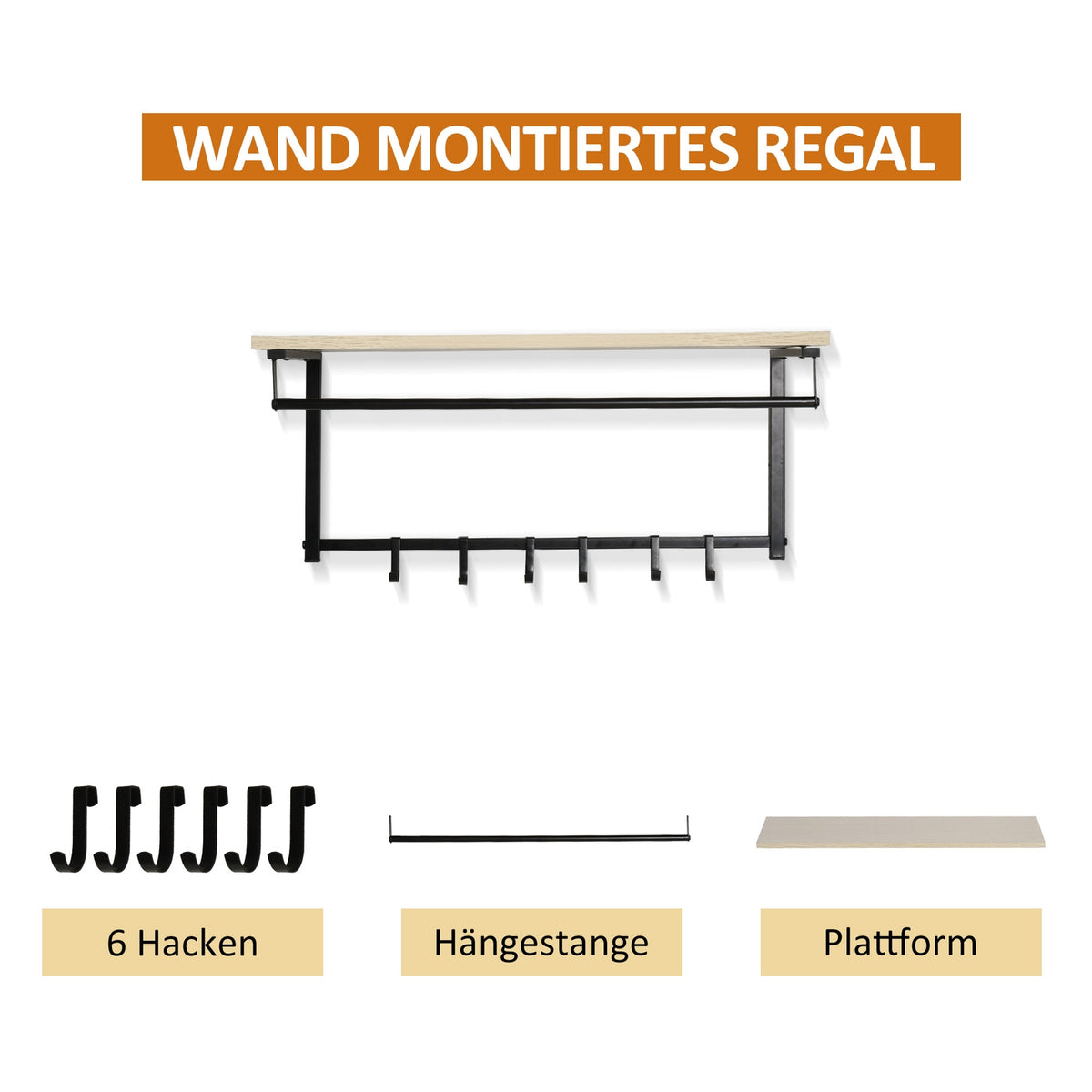 2-in-1 coat rack set, hallway coat rack with bench, wall coat rack for entrance area, 6 hooks, natural + black, 75 x 30 x 45 cm (bench seat)