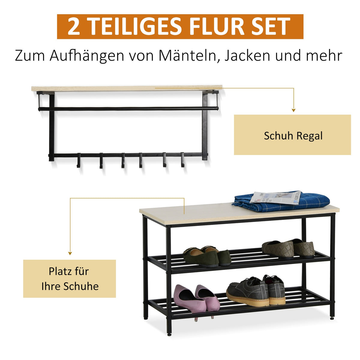 2-in-1 coat rack set, hallway coat rack with bench, wall coat rack for entrance area, 6 hooks, natural + black, 75 x 30 x 45 cm (bench seat)