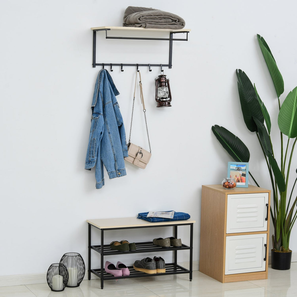 2-in-1 coat rack set, hallway coat rack with bench, wall coat rack for entrance area, 6 hooks, natural + black, 75 x 30 x 45 cm (bench seat)