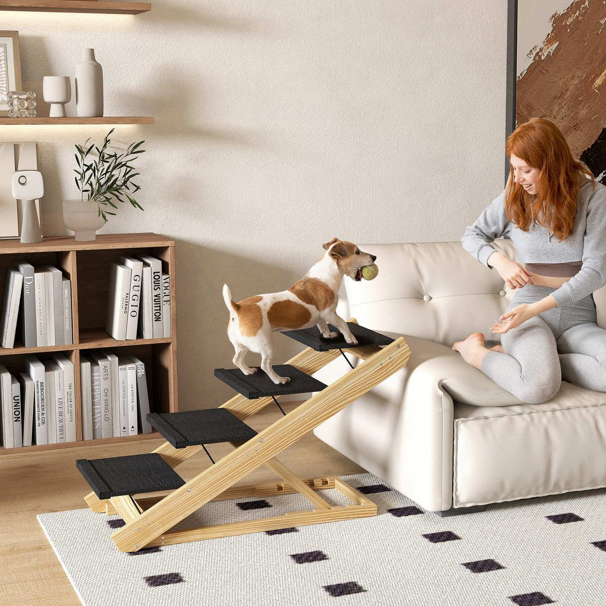2 in 1 dog stairs 4 steps 62.5 cm, height adjustable pet stairs, foldable dog ramp with non-slip surface for bed, sofa