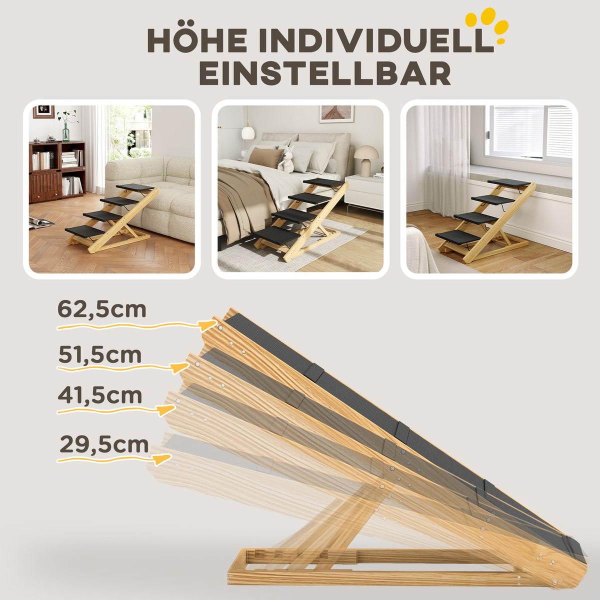 2 in 1 dog stairs 4 steps 62.5 cm, height adjustable pet stairs, foldable dog ramp with non-slip surface for bed, sofa