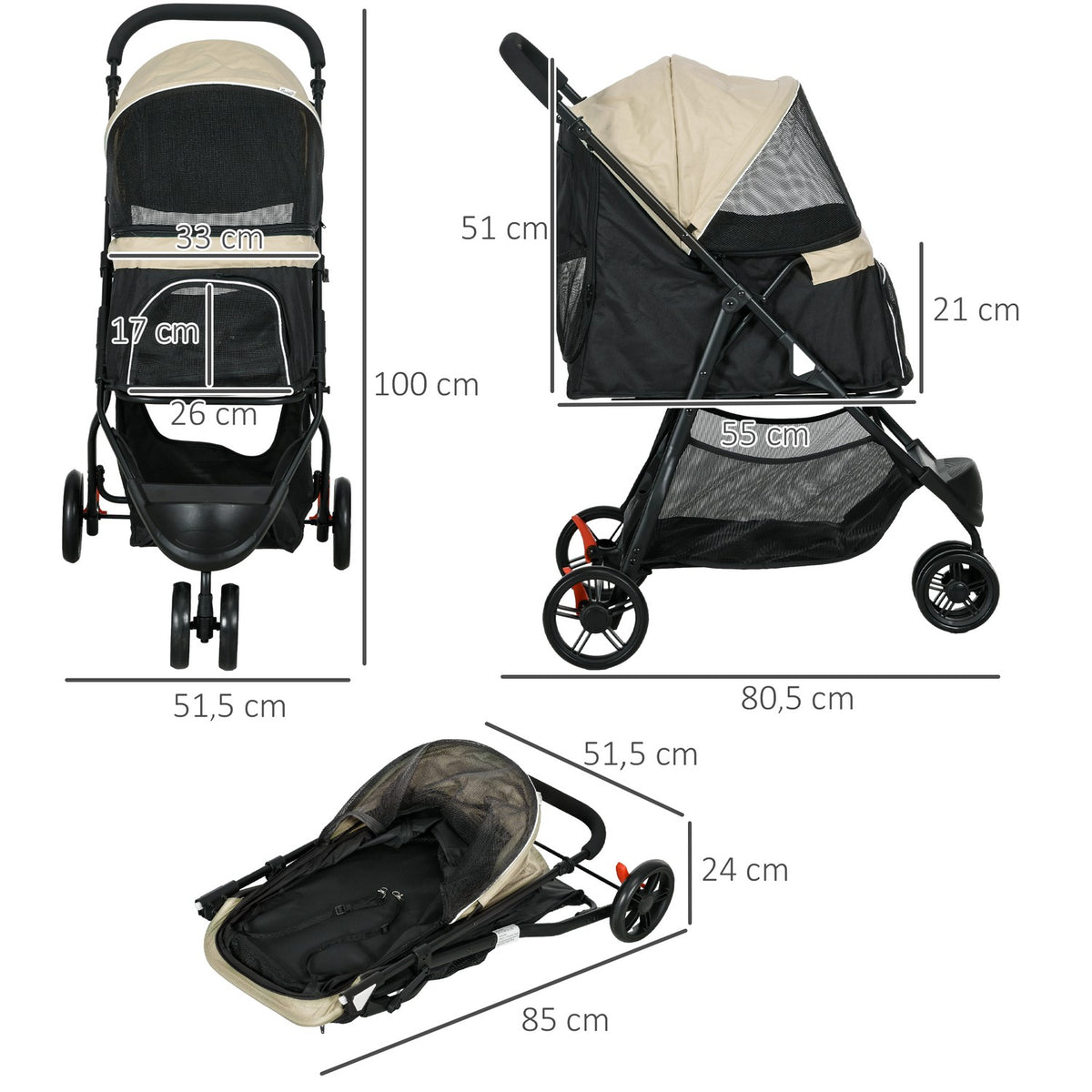 2 in 1 dog stroller dog buggy with rain cover foldable for dogs & cats up to 10 kg cat buggy with cushion mesh windows doors storage basket cat stroller buggy khaki