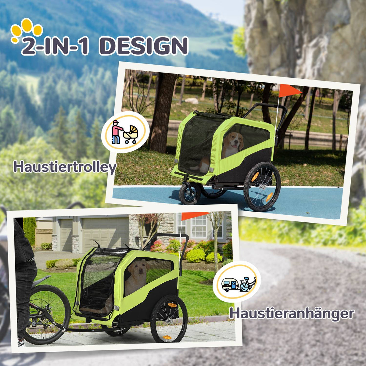 2-in-1 dog trailer, bicycle trailer for dogs, dog stroller with reflectors, dog buggy max. 30 kg, dog bicycle trailer for large dogs, Oxford fabric, green