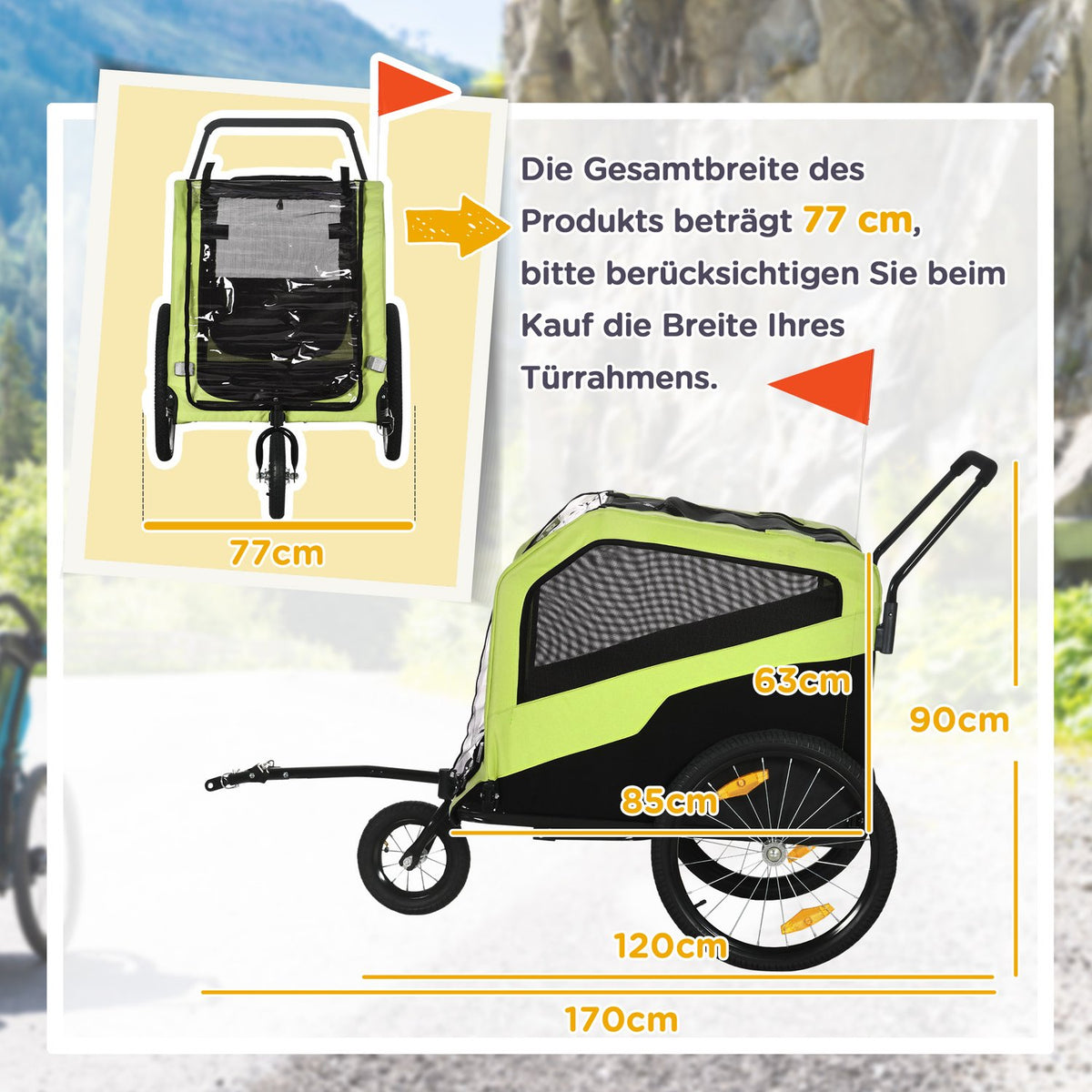 2-in-1 dog trailer, bicycle trailer for dogs, dog stroller with reflectors, dog buggy max. 30 kg, dog bicycle trailer for large dogs, Oxford fabric, green