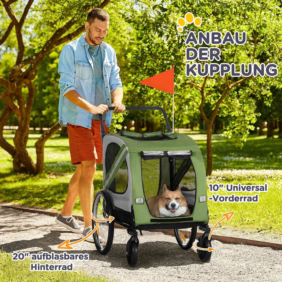 2-in-1 dog trailer & dog buggy, dog bike trailer, dog stroller with reflectors for medium-sized dogs up to 20 kg, Oxford fabric, green