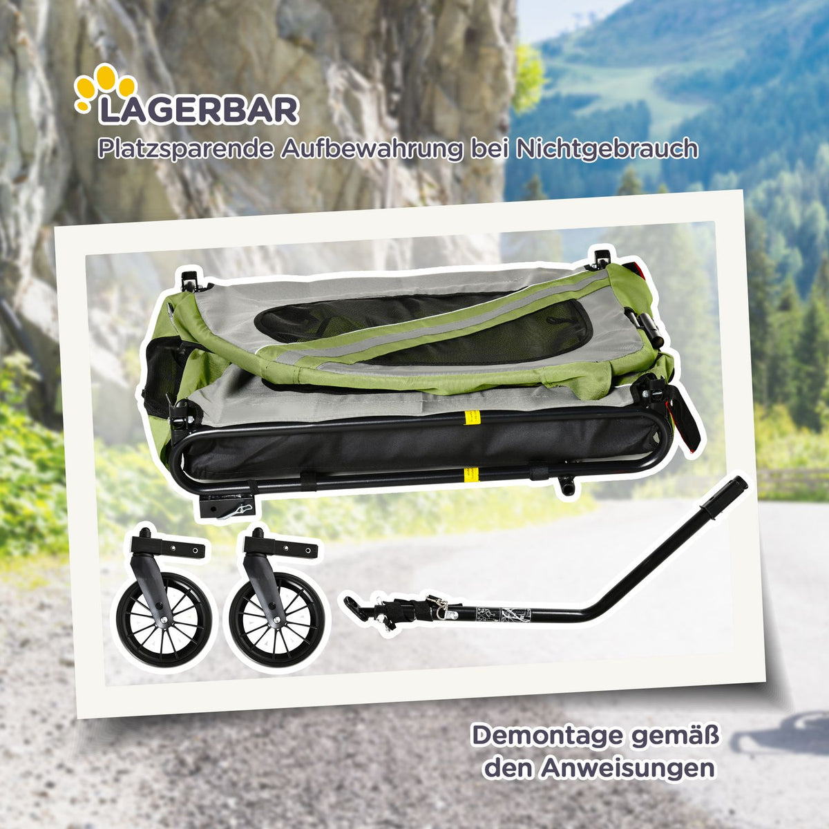 2-in-1 dog trailer & dog buggy, dog bike trailer, dog stroller with reflectors for medium-sized dogs up to 20 kg, Oxford fabric, green