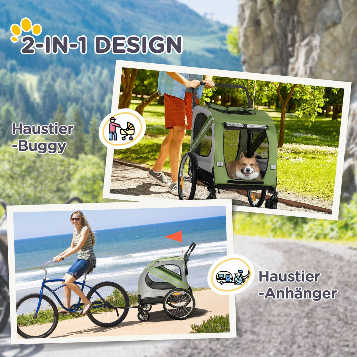 2-in-1 dog trailer & dog buggy, dog bike trailer, dog stroller with reflectors for medium-sized dogs up to 20 kg, Oxford fabric, green