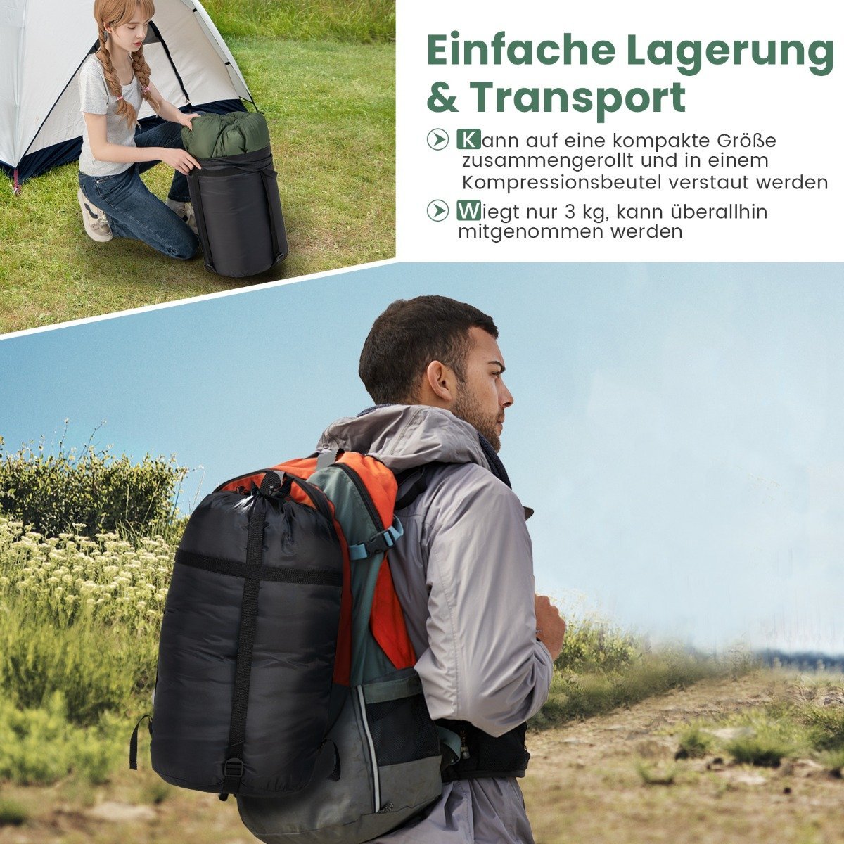2 in 1 double sleeping bag single sleeping bag XL blanket sleeping bag with 2 pillows 220 x 150 cm