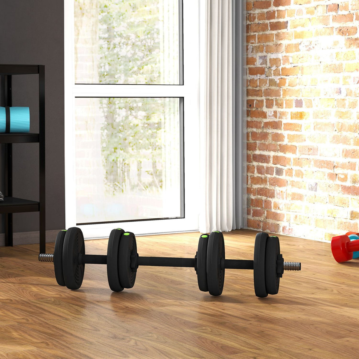 2-in-1 dumbbell set, 15 kg adjustable dumbbell set with 8 weight plates, floor-friendly for strength training, fitness, weight lifting, black