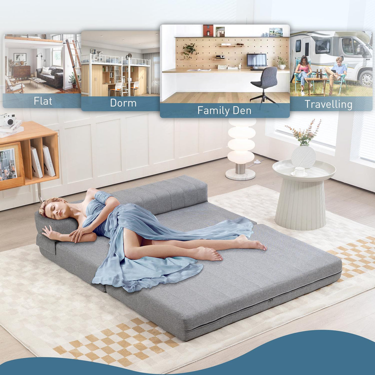 2-in-1 floor sofa, load capacity up to 250 kg, folding sofa bed with linen look, for 2 people, sofa bed, for living room, bedroom