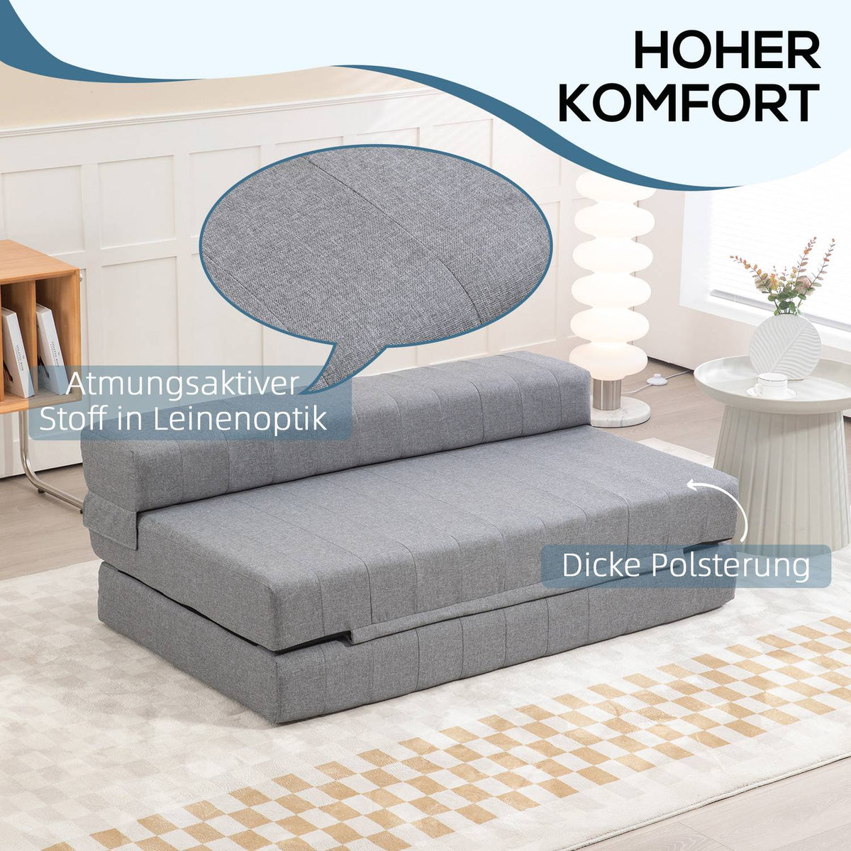 2-in-1 floor sofa, load capacity up to 250 kg, folding sofa bed with linen look, for 2 people, sofa bed, for living room, bedroom