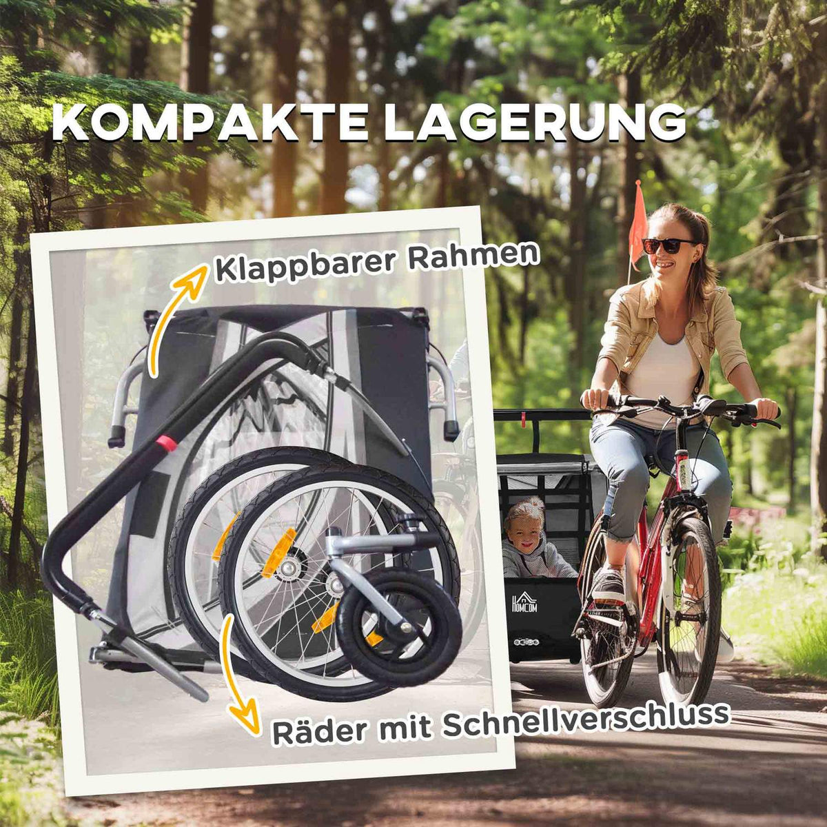 2 in 1 folding child trailer bicycle trailer with removable front wheel, rear wheel brakes, children's bicycle trailer for 2 children from 18 months, load capacity up to 26.4 kg, gray
