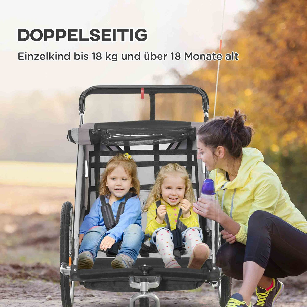 2 in 1 folding child trailer bicycle trailer with removable front wheel, rear wheel brakes, children's bicycle trailer for 2 children from 18 months, load capacity up to 26.4 kg, gray