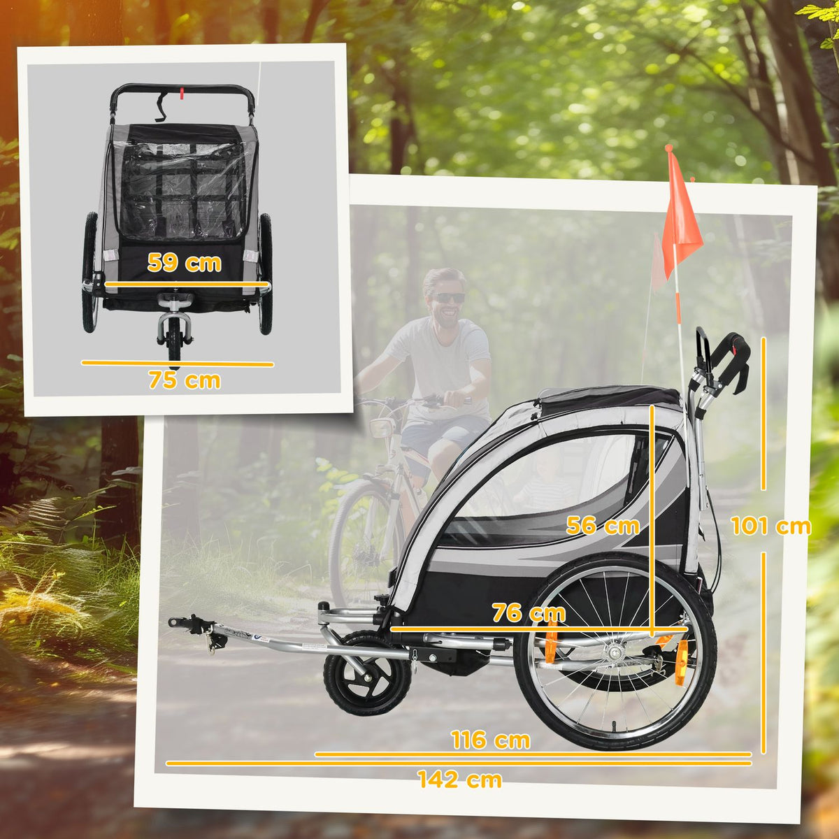 2 in 1 folding child trailer bicycle trailer with removable front wheel, rear wheel brakes, children's bicycle trailer for 2 children from 18 months, load capacity up to 26.4 kg, gray