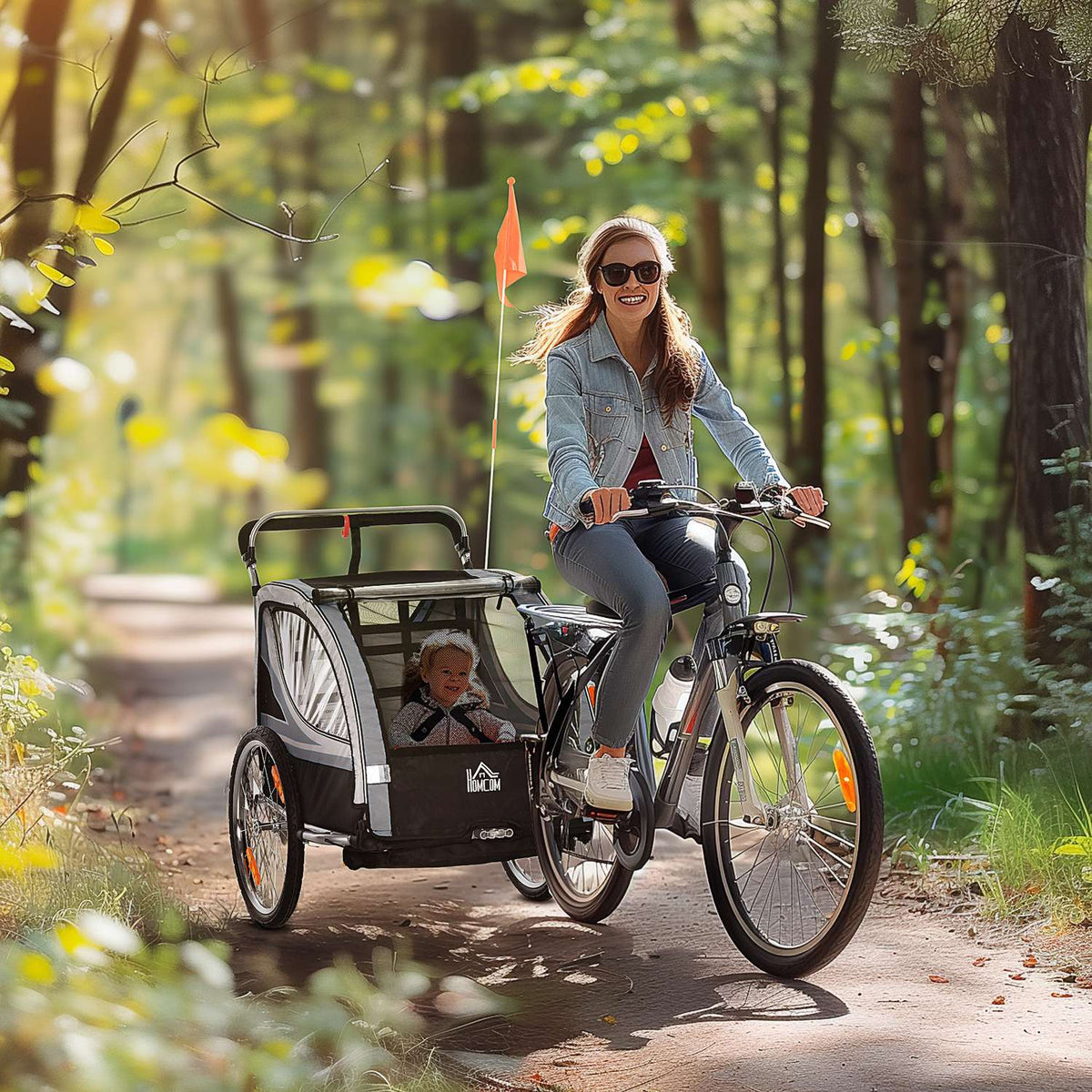2 in 1 folding child trailer bicycle trailer with removable front wheel, rear wheel brakes, children's bicycle trailer for 2 children from 18 months, load capacity up to 26.4 kg, gray