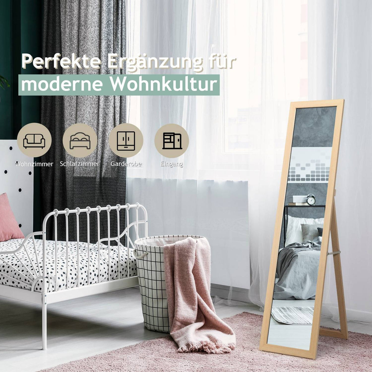 2 in 1 full-length mirror, standing mirror and wall mirror with wooden frame 37 x 155 cm natural