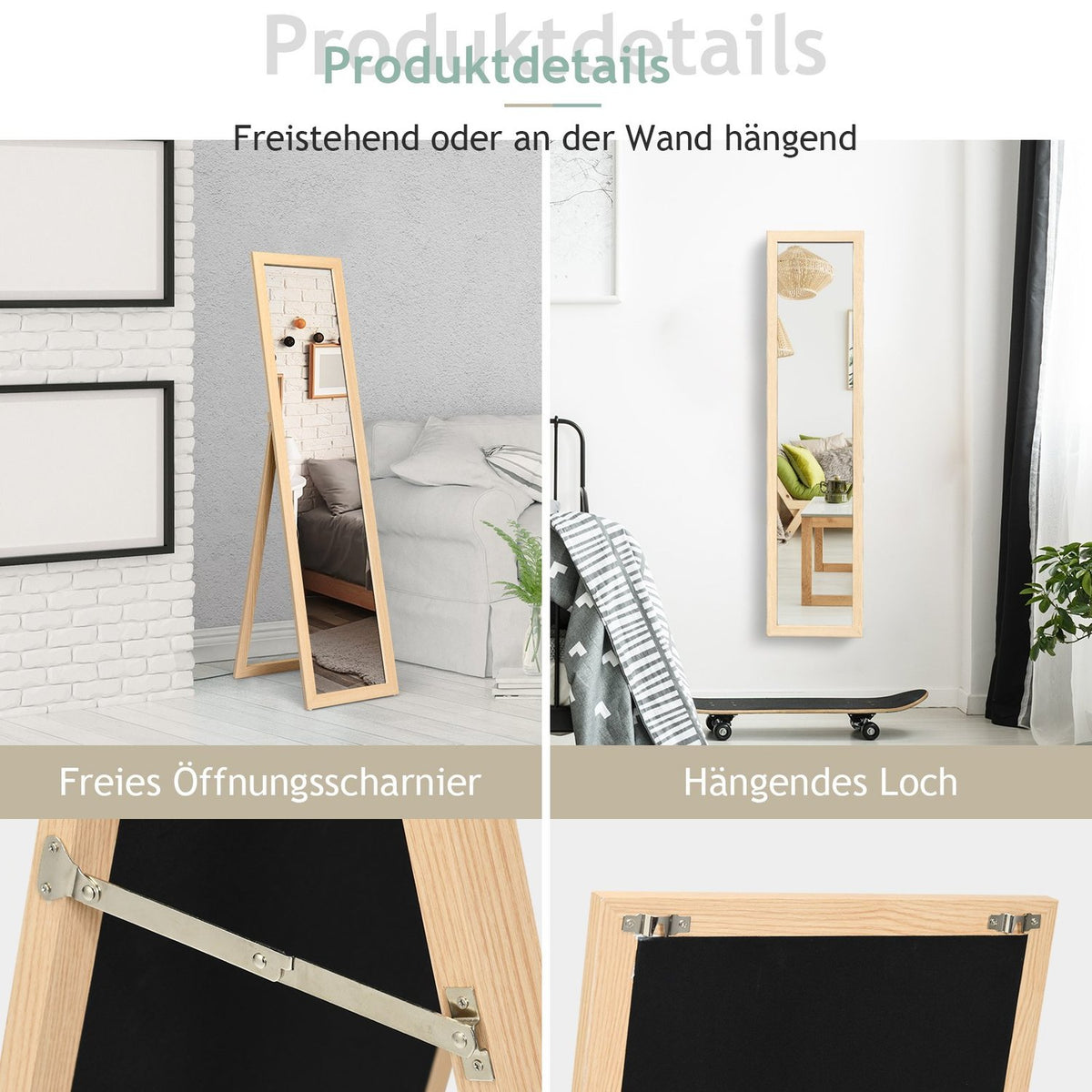 2 in 1 full-length mirror, standing mirror and wall mirror with wooden frame 37 x 155 cm natural