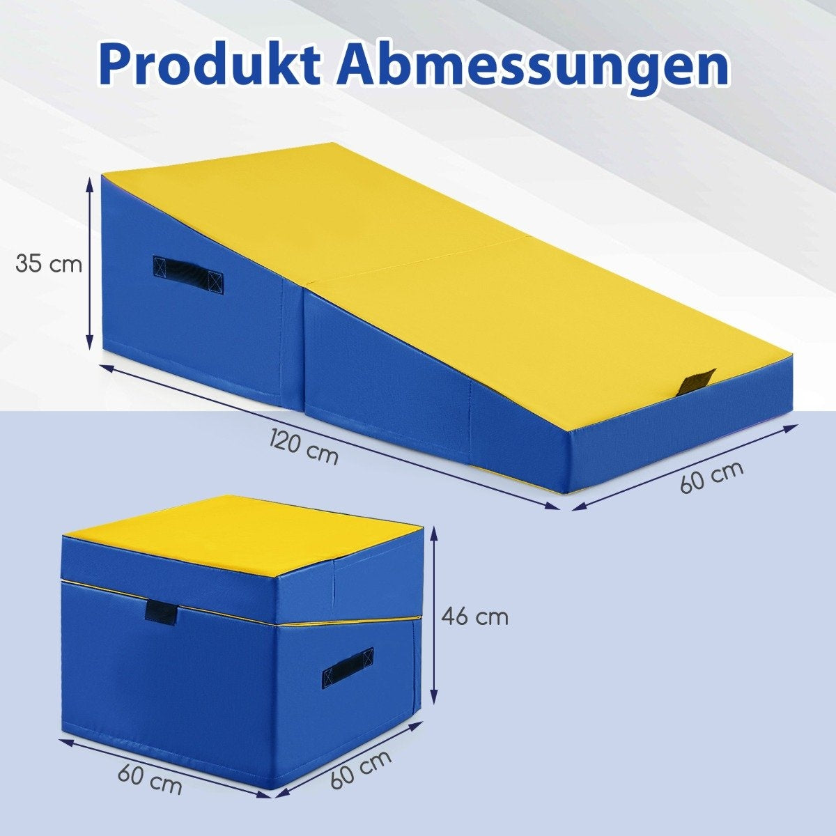 2 in 1 gymnastics mat with carrying handle, slanted gymnastics mat, wedge-shaped soft floor mat, yellow
