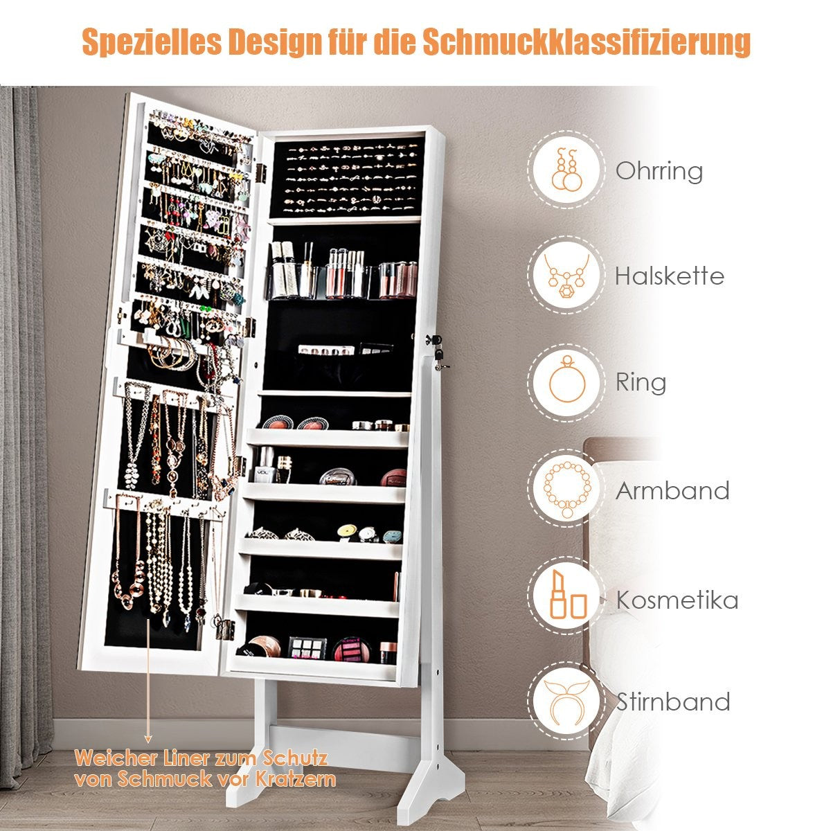 2 in 1 jewelry cabinet with mirror lockable jewelry organizer 41 x 36.5 x 146 cm white