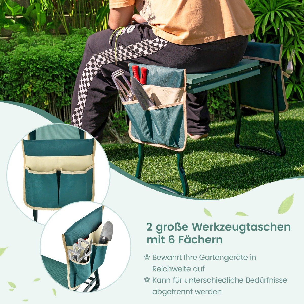 2 in 1 kneeler for gardening with 2 tool bags foldable 58 x 27.5 x 50 cm green